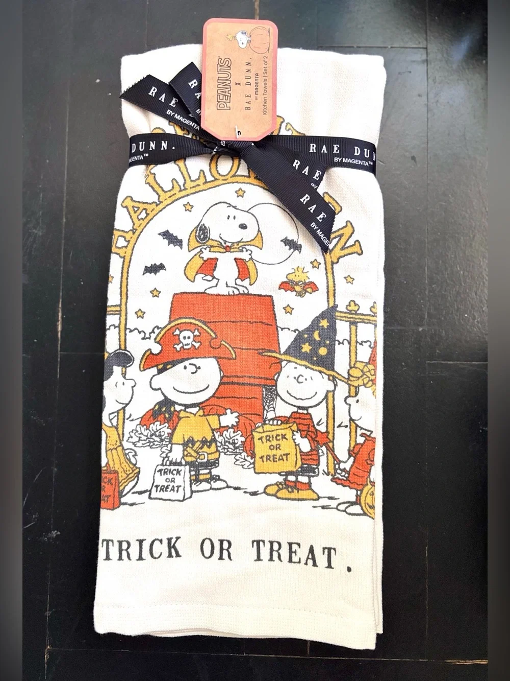 Peanuts x Rae Dunn TRICK OR TREAT Holiday Kitchen Towels Set Of 2 NEW